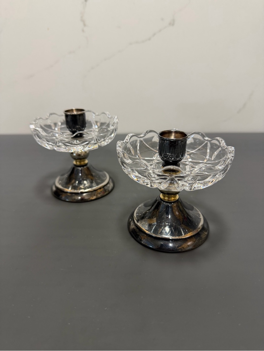 Crystal and Silver-Tone Glass Candle Holders - Clear